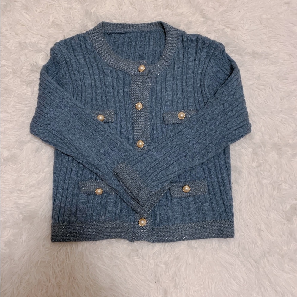 Small Dusty Blue Pearl Buttons Sweater